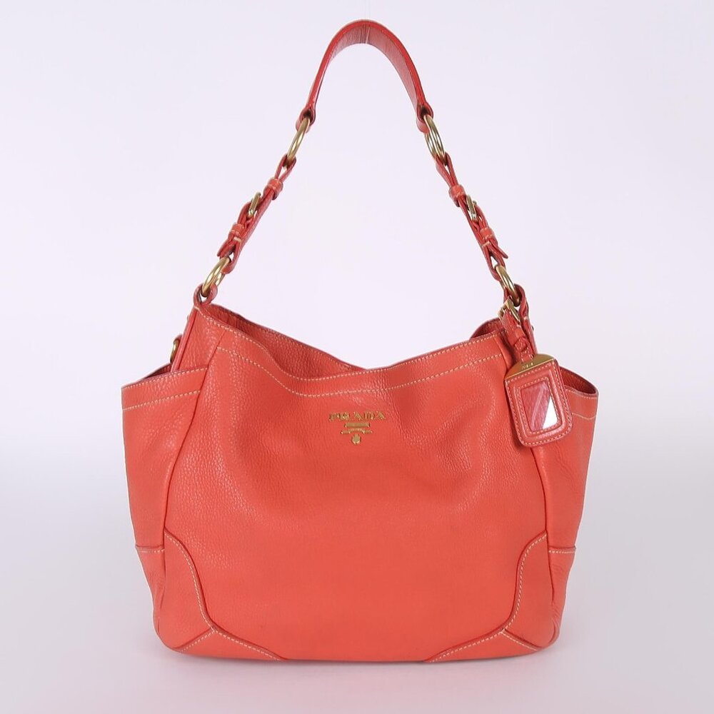 Prada Vitello Daino Side Pocket Hobo Shoulder Bag Papaya